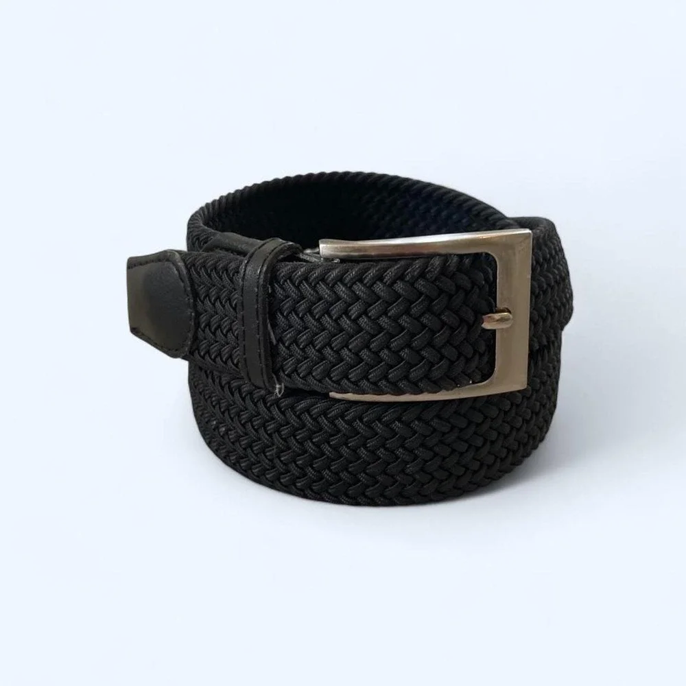 Braided‎ black belt with silver buckle